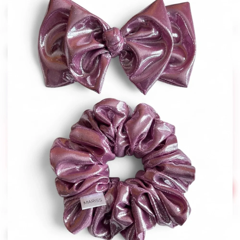 HANDMADE Shiny Pink Hair Scrunchie and Bow Set